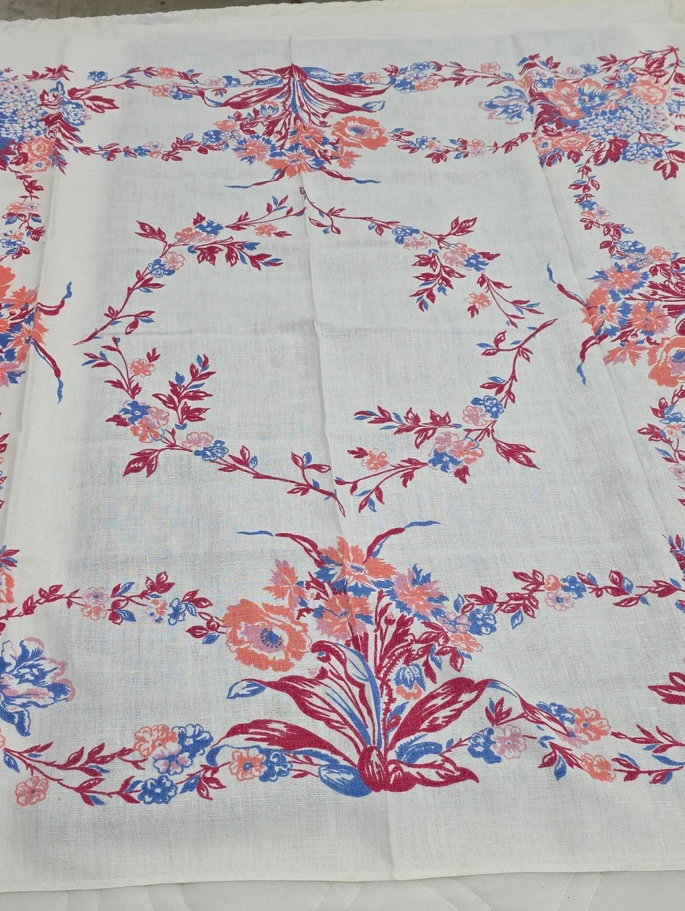 Floral Printed Tablecloth in White with Pink and Blue Accents